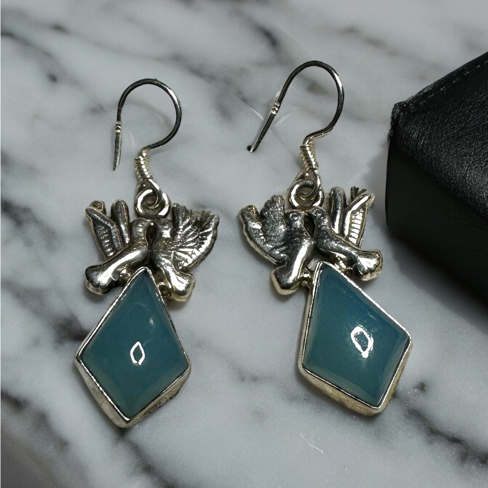 Blue Opalite Sterling Silver Love Dove Drop Earrings